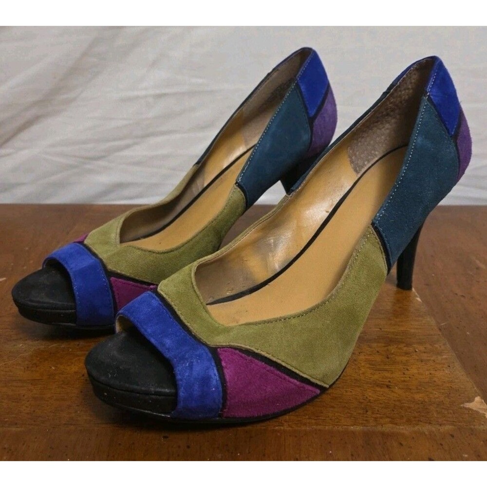Nine West Color Block Patchwork Suede Peep Toe Heels Pumps Size 8 1990s Vintage
